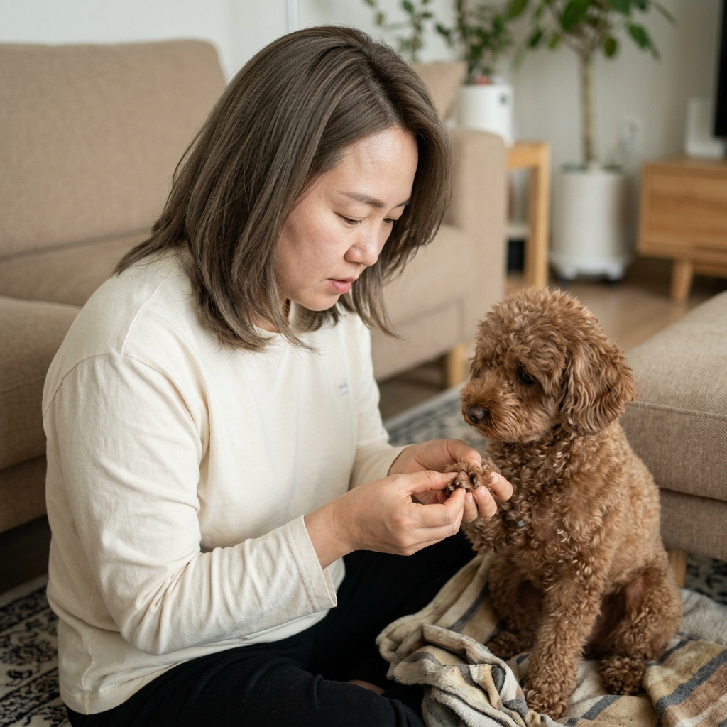 강아지 발바닥을 확인하는 보호자 손, 발가락 사이를 살피는 장면