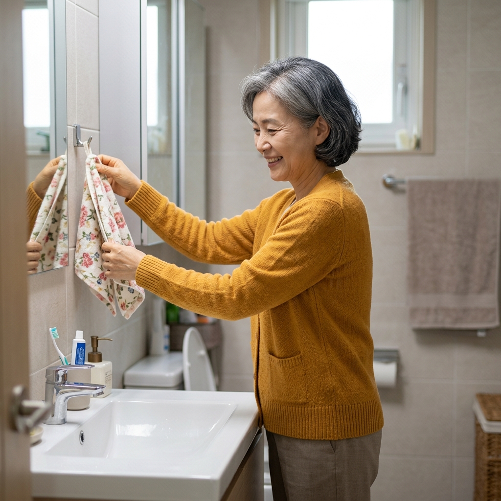 밝은 색 가디건을 입은 50대 여성이 세면대 앞에서 개인 수건을 따로 걸어두는 장면