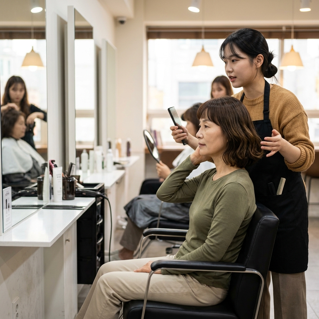 50대 후반 여성이 미용실 의자에 앉아 미용사와 헤어스타일을 상담하며 거울 속 자신의 옆모습을 확인하는 장면, 긴소매 셔츠를 입고 어깨 길이 머리를 손으로 만지고 있으며 미용사가 빗을 들고 설명 중