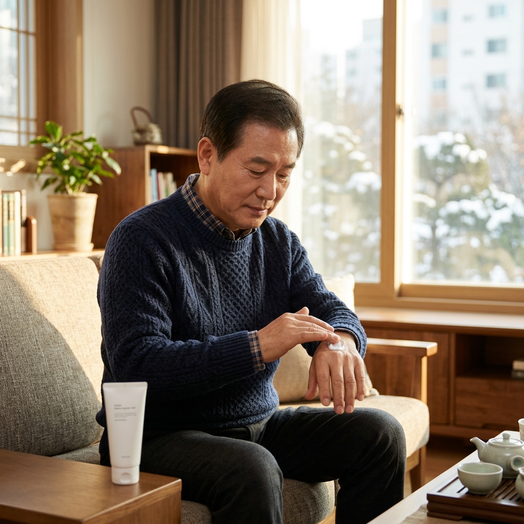 70대 초반 남성이 거실 소파에 앉아 손등에 보습 크림을 짜서 펴 바르는 장면, 창밖으로 겨울 오후 햇살이 들어오고 실내는 따뜻한 분위기