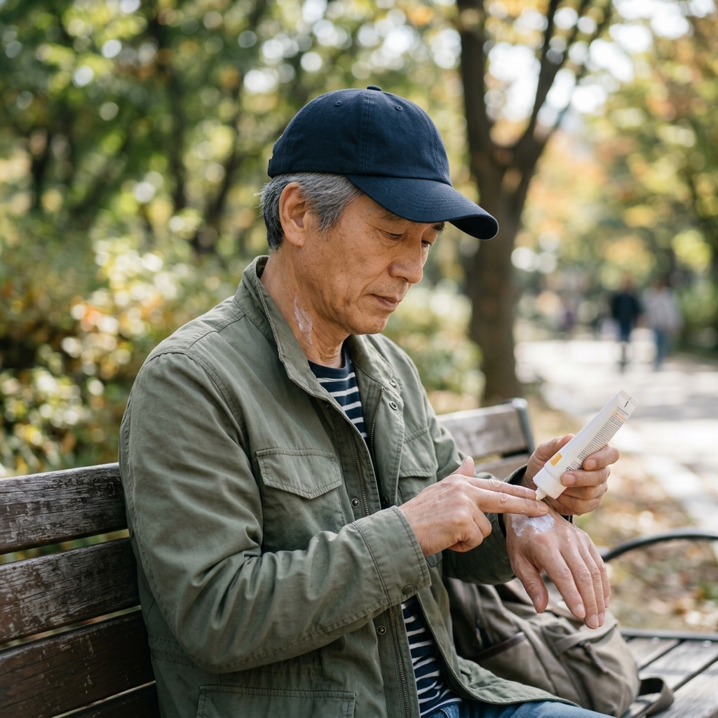 60대 남성이 야외 공원 벤치에서 모자를 쓰고 목과 손등에 선크림을 바르는 모습