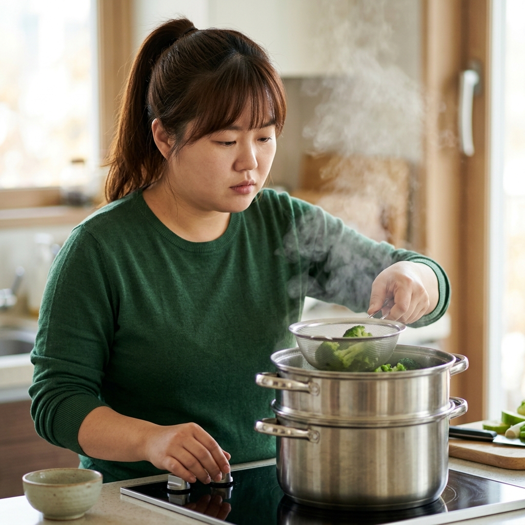 찜기에서 브로콜리를 짧게 찌는 모습