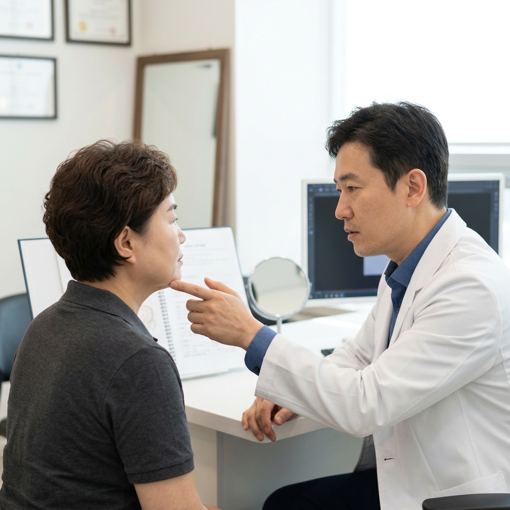 상담실에서 성형외과 전문의가 환자의 측면 얼굴 윤곽을 손가락으로 가리키며 설명하는 장면, 밝은 조명 아래 의료 차트와 거울이 보이는 배경