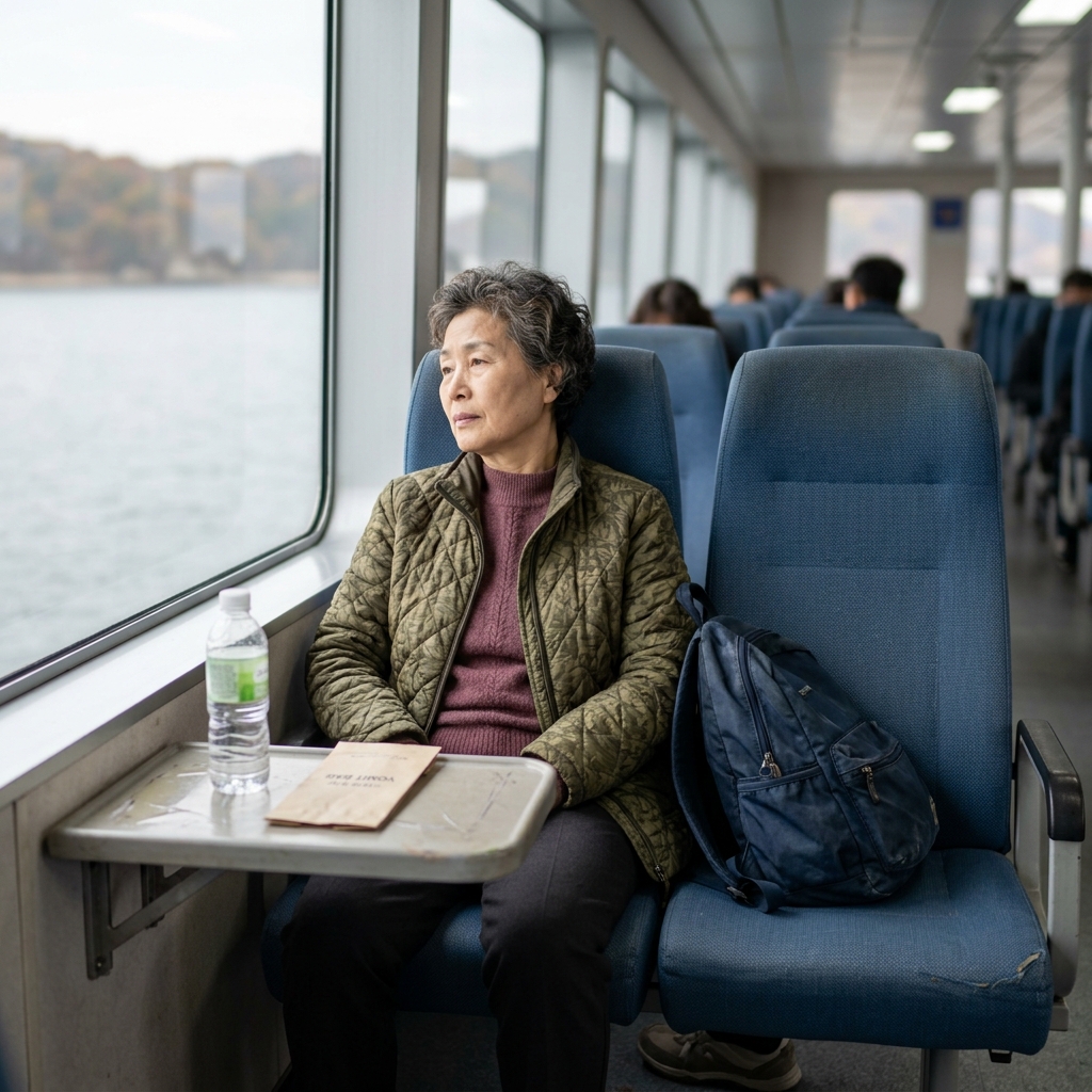 선박 중앙 좌석에 앉아 등을 기대고 먼 곳을 바라보는 70대 여성, 옆에는 물병과 구토 봉투가 놓여 있음
