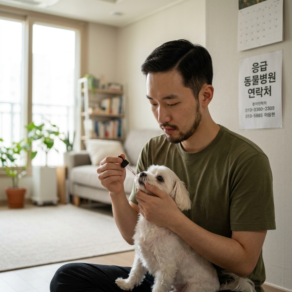 반려견에게 약을 먹이는 관리자, 응급 상황 시 연락할 수 있는 동물병원 연락처가 벽에 게시된 모습