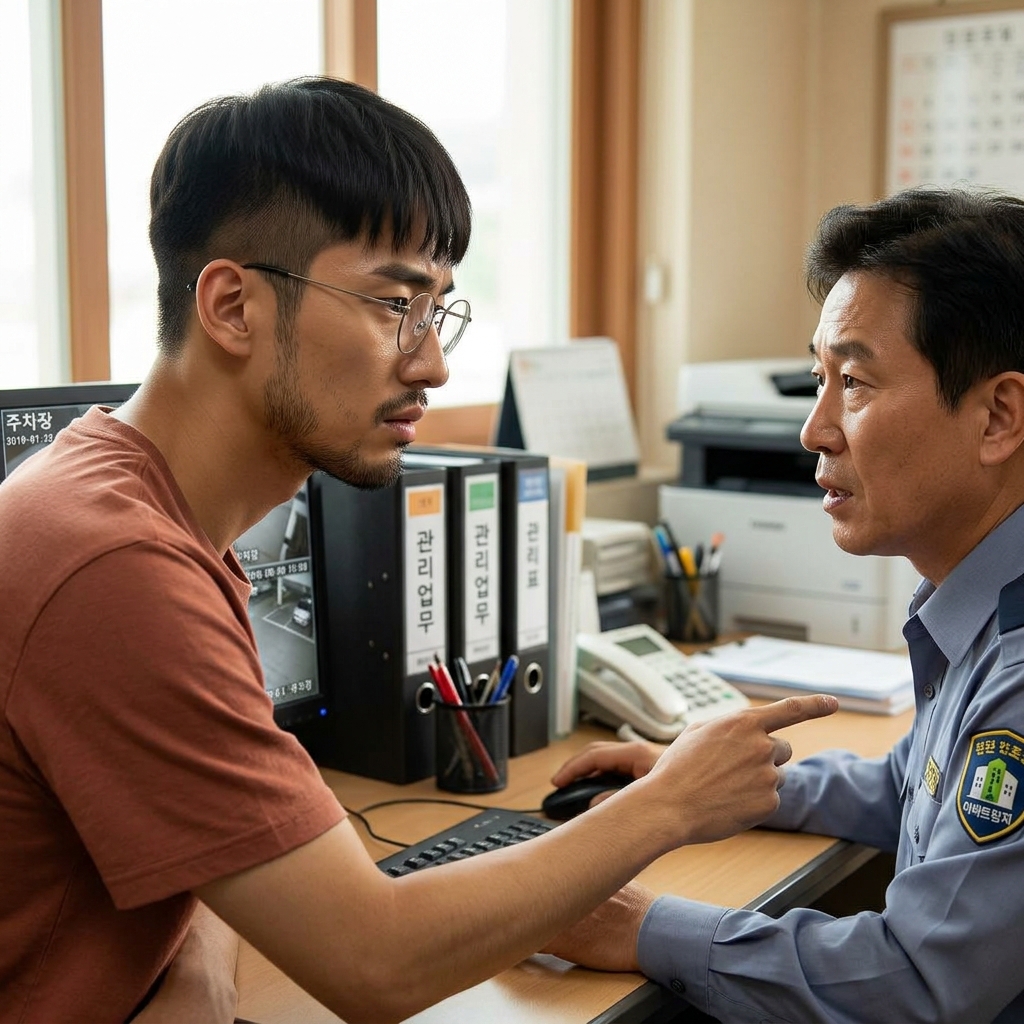 아파트 관리사무소 데스크에서 20대 남성이 관리직원과 함께 모니터 화면을 보며 주차장 CCTV 영상 확인을 요청하는 장면, 실내 사무실 조명