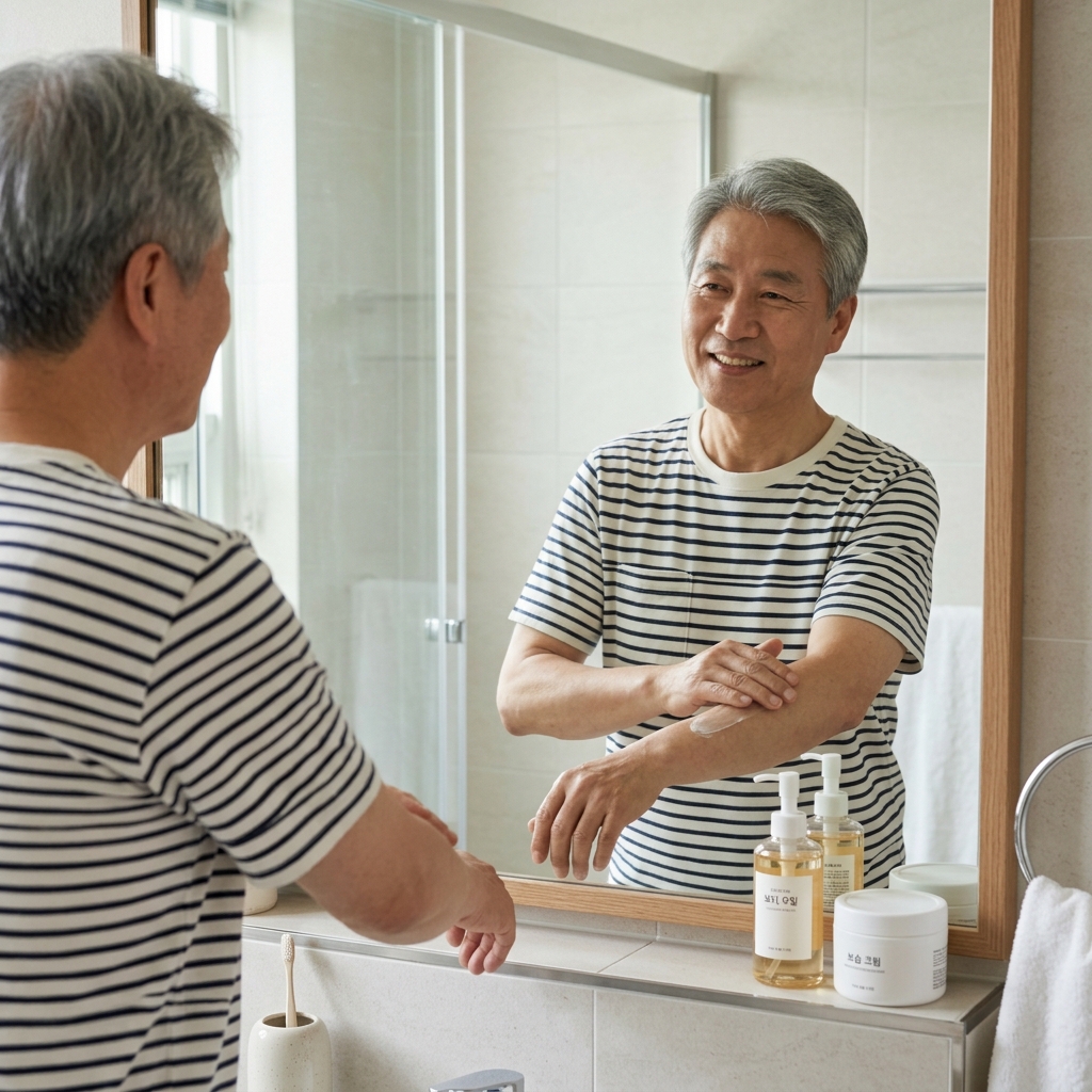 65세 남성이 욕실 거울 앞에 서서 팔에 크림을 바르는 모습, 세면대 위에 무향 보디 오일과 보습 크림통이 나란히 놓여 있다
