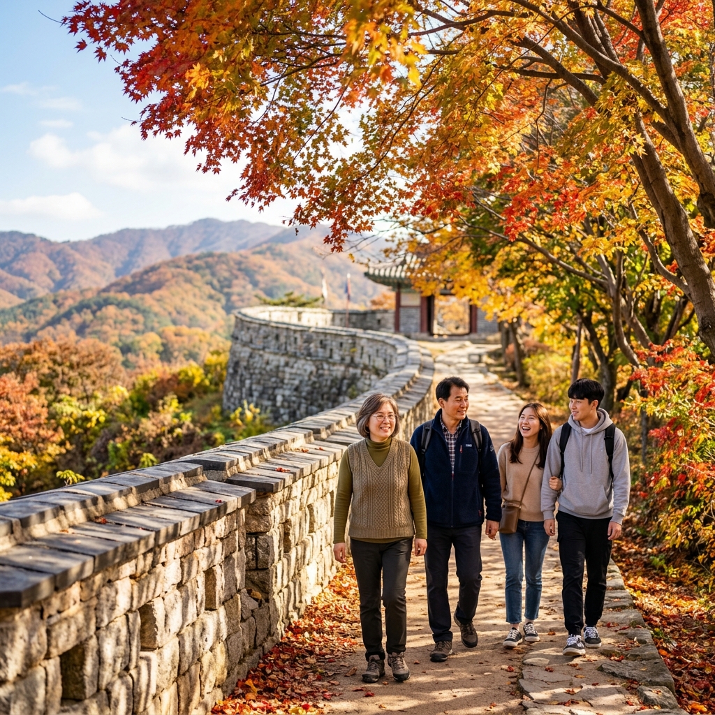 남한산성 성곽길을 따라 붉게 물든 단풍나무 아래를 걷는 가족의 모습, 가을 햇살이 나뭇잎 사이로 스며든다