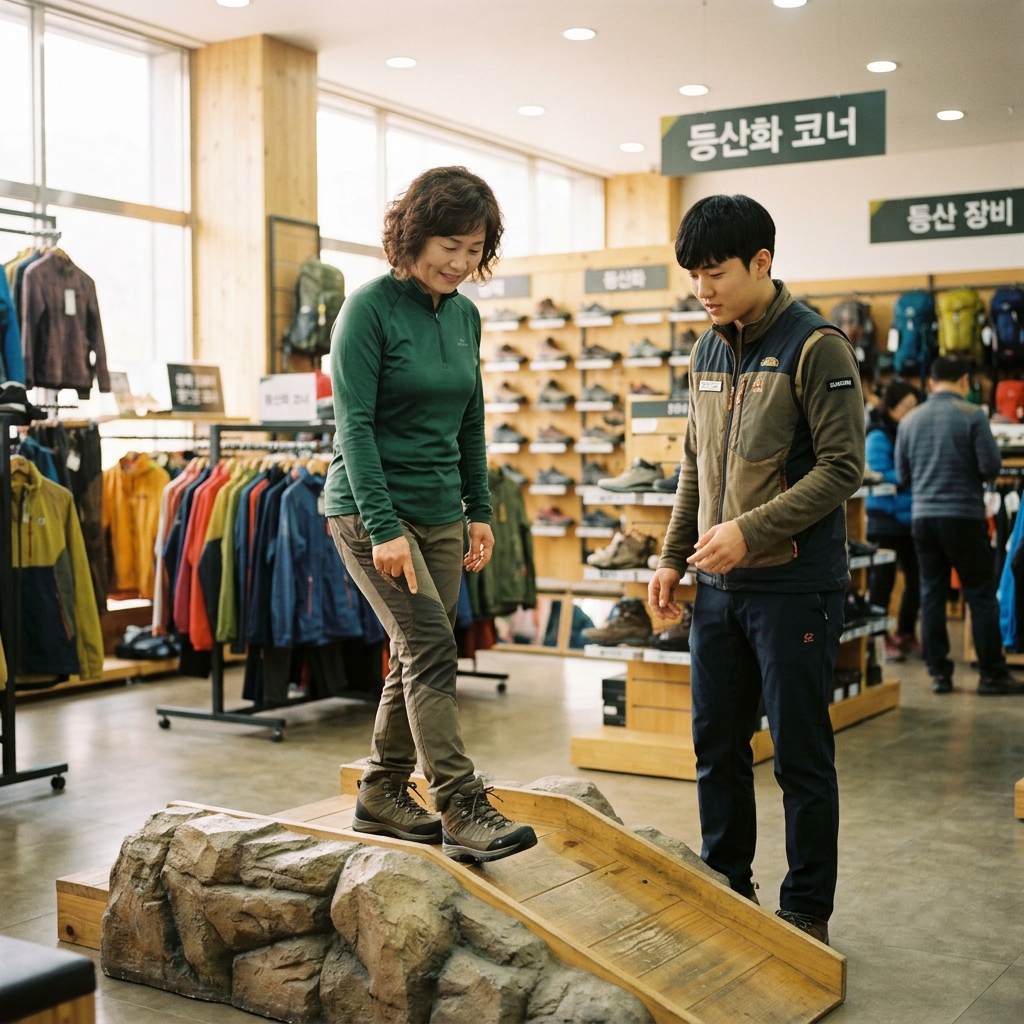 60대 초반 여성이 등산용품 매장 내 경사 테스트 발판 위에서 미드컷 등산화를 신고 내려오는 자세를 취하며 발가락 위치를 확인하는 모습, 매장 직원이 옆에서 지켜보고 있음, 긴 소매 등산복 차림, 따뜻한 실내 조명