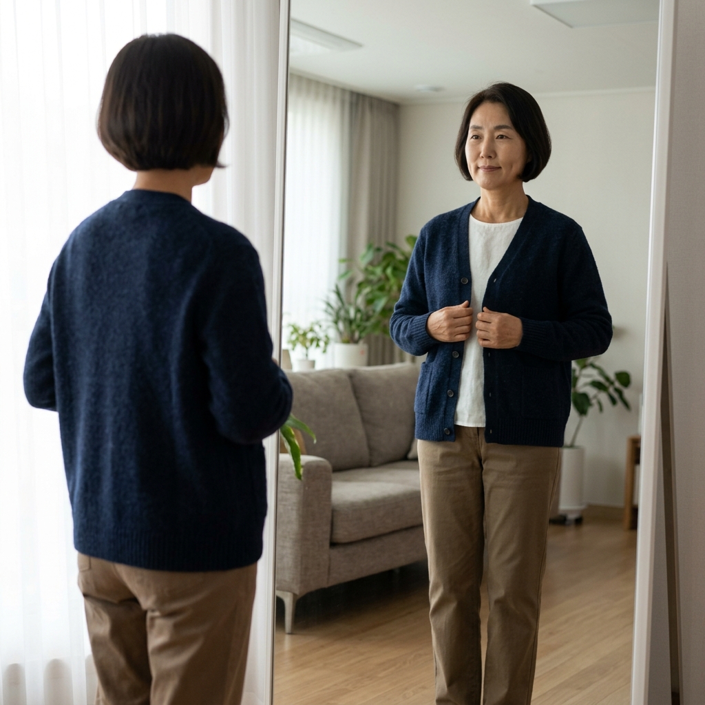 가디건을 입은 70대 여성이 일자 팬츠와 함께 입고 거울로 전체 실루엣을 확인하는 모습