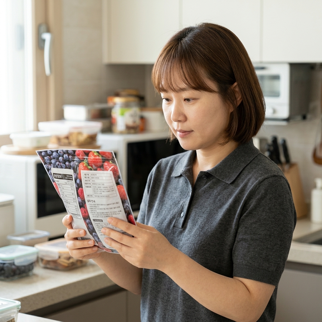 냉동 과일 포장지 뒷면의 식품 유형과 섭취 안내 표시를 확인하는 장면