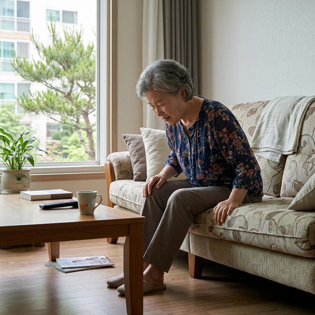 70대 초반 여성이 거실 소파에 앉아 아래쪽 바닥을 보려 애쓰는 모습, 창밖으로 짧은 소매의 나무가 보임