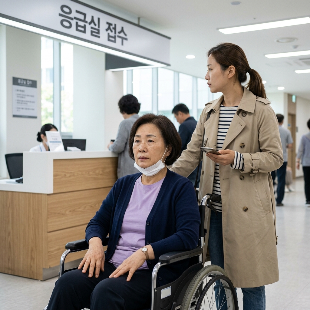 응급실 입구 앞 휠체어에 앉은 고령 환자와 보호자가 접수 대기 중인 장면