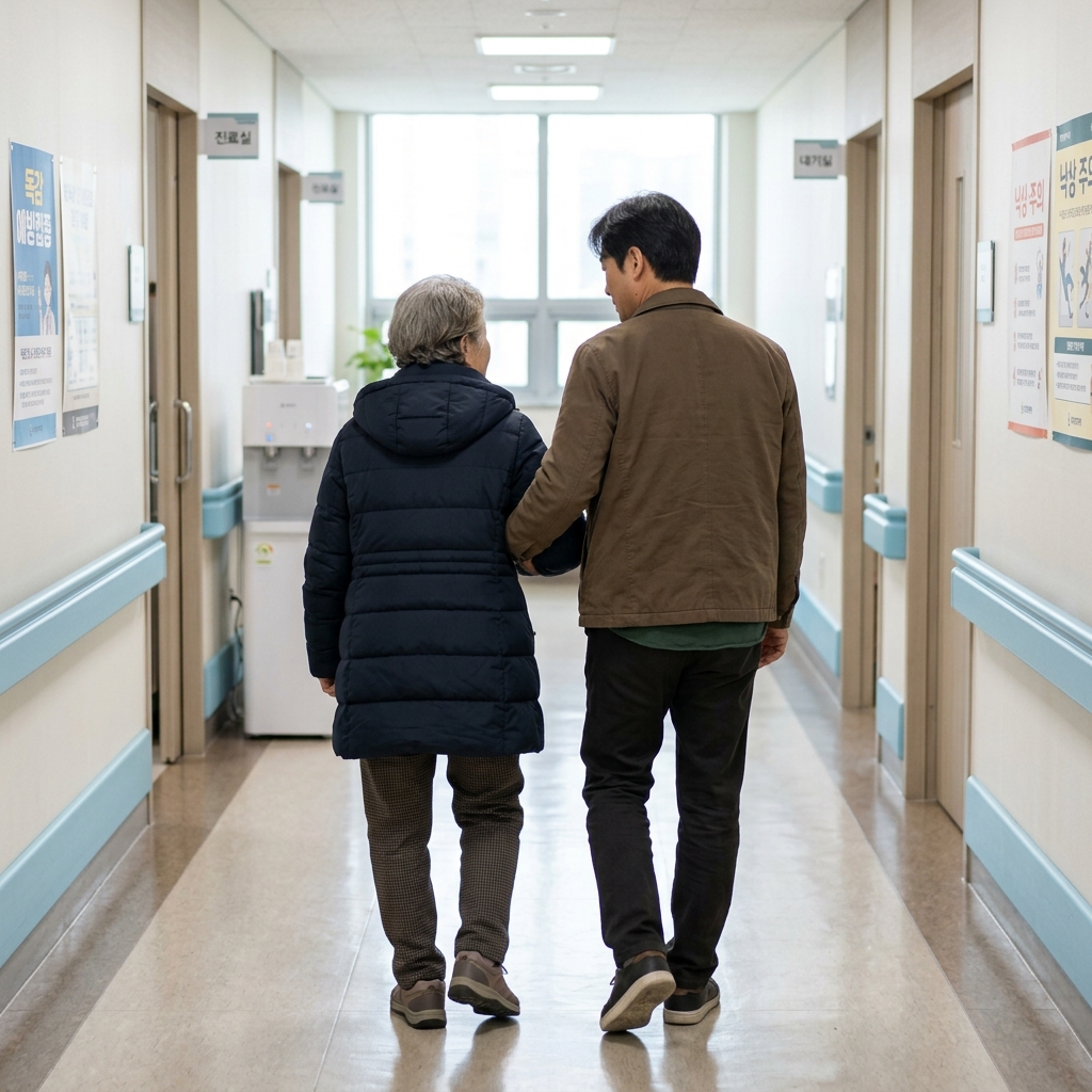 중년 보호자가 70대 부모님의 팔을 부축하며 함께 걷는 뒷모습, 실내 복도 배경