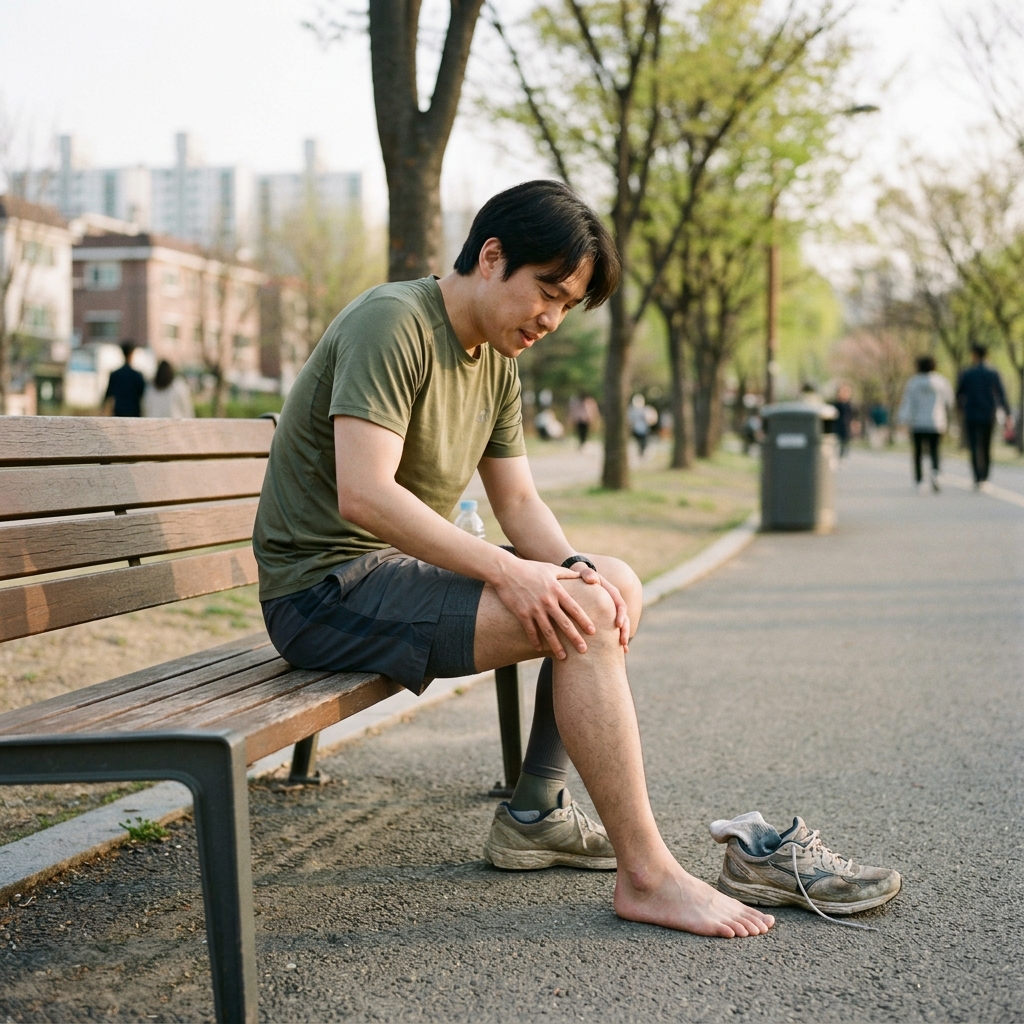 공원 벤치에 앉아 무릎을 주무르며 쉬고 있는 30대 러너, 러닝화가 벗겨져 있음