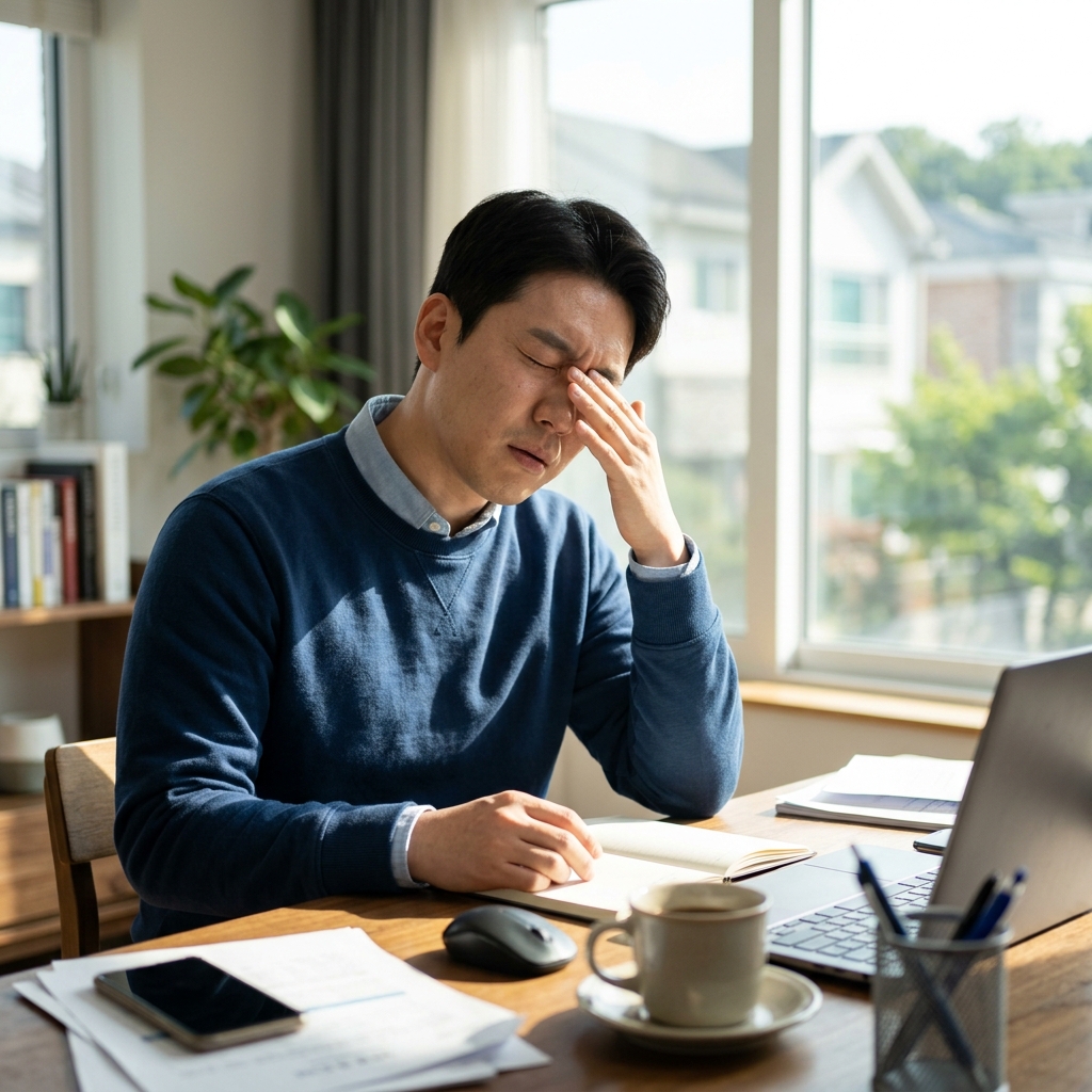 30대 남성이 책상에 앉아 낮 시간에 졸음을 참으며 손으로 눈을 비비고 있는 모습, 창밖으로 대낮 햇빛이 밝게 들어온다