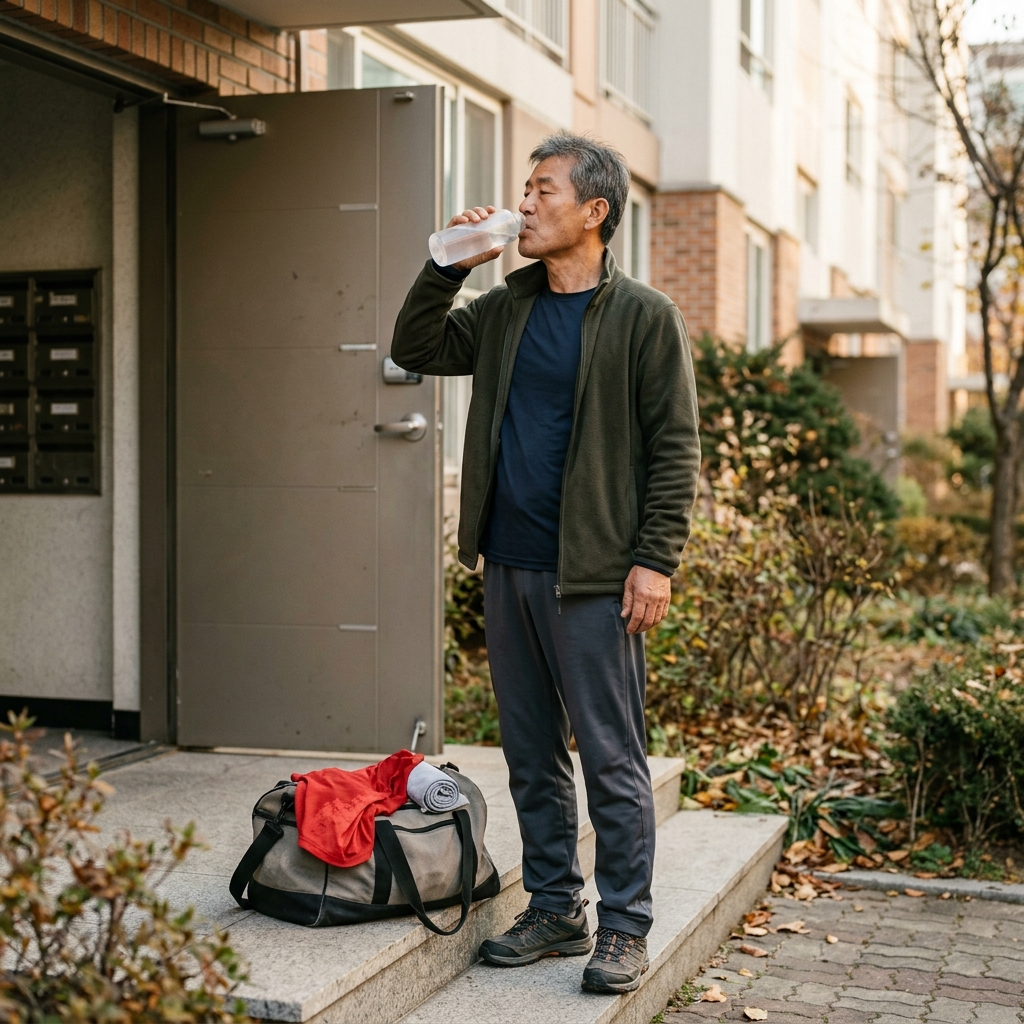야외 운동 후 마른 긴팔 티셔츠로 갈아입고 겉옷을 덧입은 60대 남성이 집 현관 앞에서 물을 마시는 장면, 옆에 여벌 옷이 든 가방