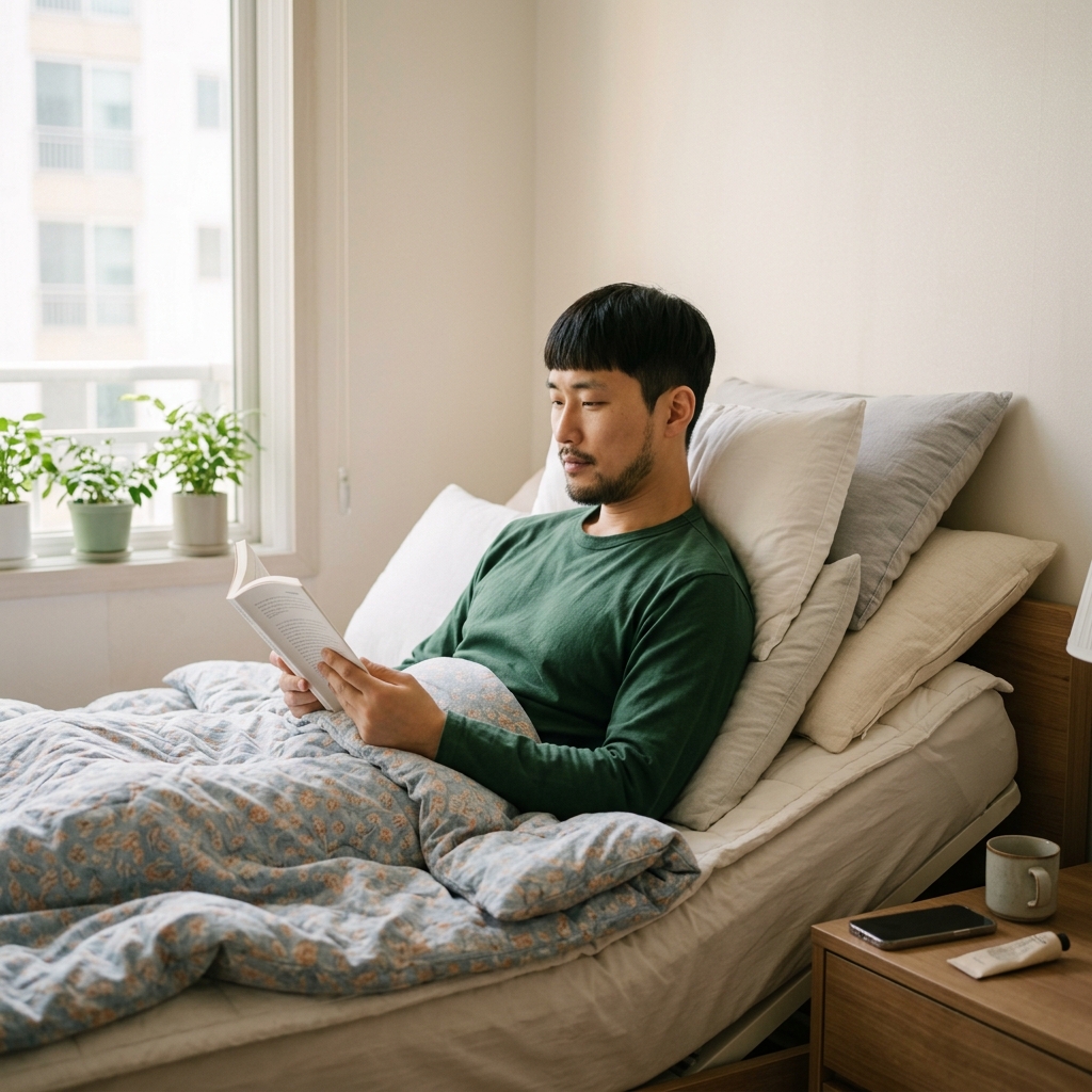 침대 머리 쪽을 약간 높인 침실 모습, 베개 여러 개를 쌓아 상체를 받쳐둔 모습