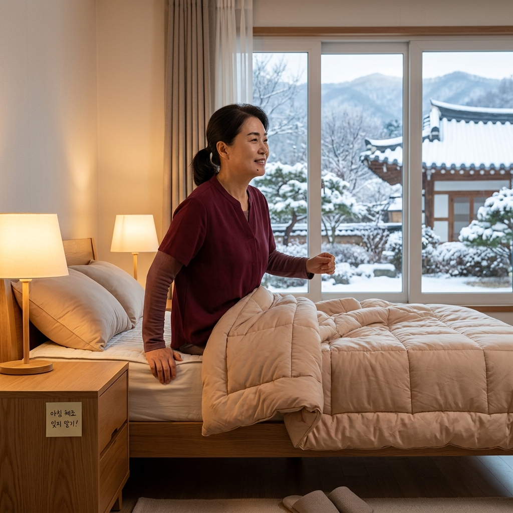 60대 여성이 침대에 앉아 천천히 일어나는 모습, 창밖은 겨울 아침 풍경이고 실내는 따뜻한 조명