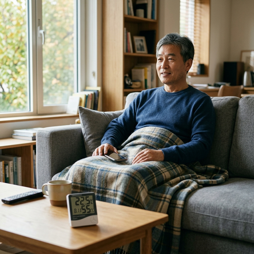 거실 소파 위에 담요를 덮고 앉아 있는 60대 남성과 테이블 위 습도계가 함께 보이는 장면