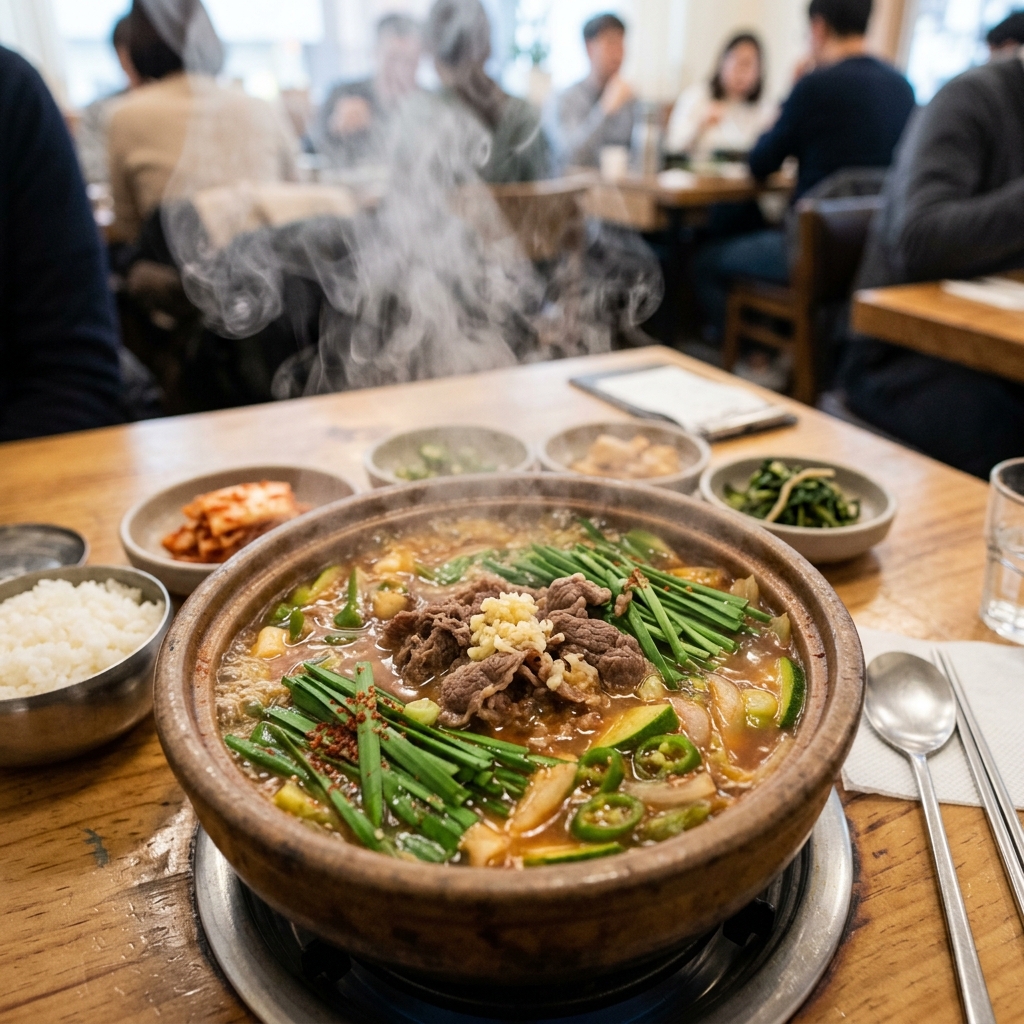 부추와 마늘이 들어간 소고기 야채 찌개가 뚝배기에 담긴 모습, 김이 모락모락 오르는 장면