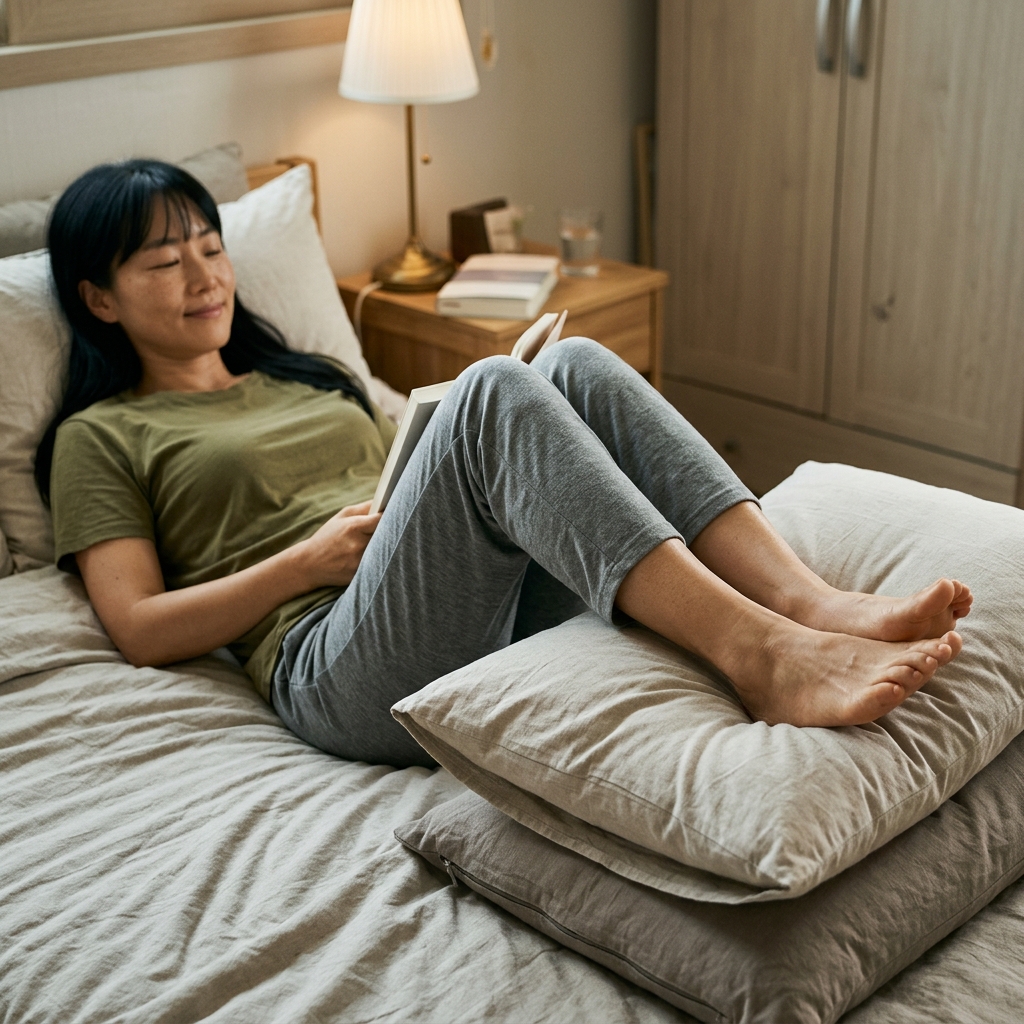 침대에 누워 발밑에 베개를 받쳐 다리를 심장보다 높게 올린 40대 여성의 하체와 발, 실내 조명 아래 편안한 자세로 휴식 중인 장면