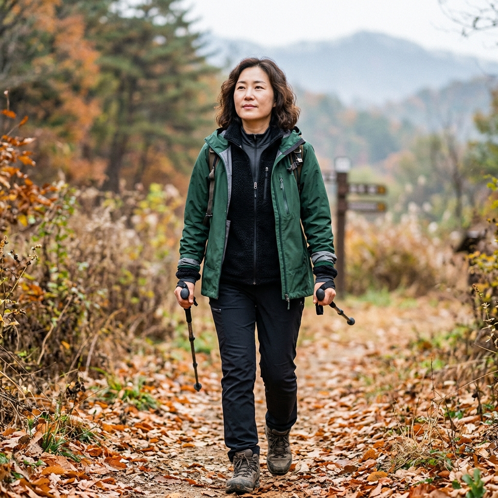 흡한속건 기능성 긴팔 내의 위에 플리스와 방풍 재킷을 차례로 겹쳐 입은 레이어드 착장 구성