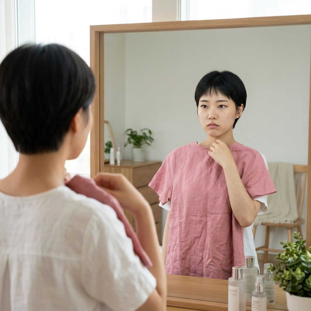 쿨톤 여성이 로즈 핑크 상의를 목 바로 아래 대고 거울로 얼굴을 확인하는 장면, 밝은 실내 자연광 배경