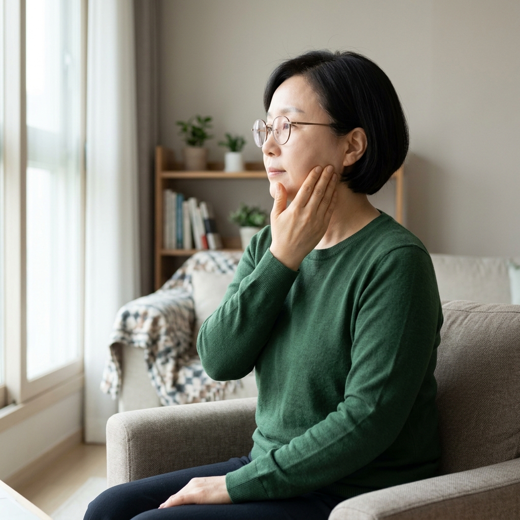 귀 밑 턱관절 부위를 손가락 끝으로 부드럽게 마사지하는 50대 여성, 실내 밝은 조명, 얇은 긴팔 니트 차림