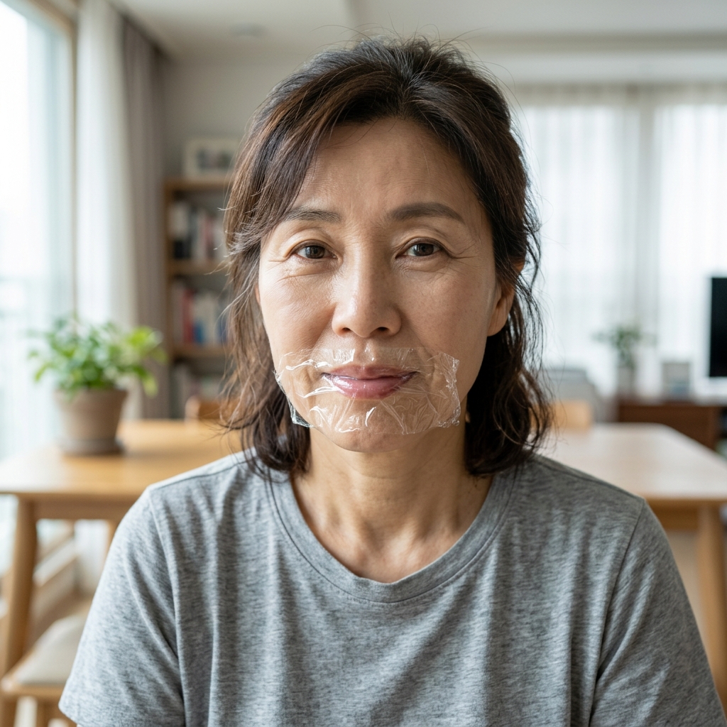입술에 랩을 올려 습윤 팩을 하고 있는 60대 여성의 클로즈업, 밝은 실내 조명, 반팔 티셔츠