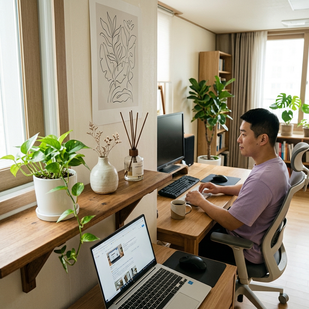 책상 위 선반에 스킨답서스 화분과 작은 세라믹 화병, 디퓨저가 나란히 놓여 있고 벽면에는 단색 라인 포스터가 걸려 있다, 옆 책상에는 얇은 반팔 셔츠를 입은 사람이 노트북을 보고 있다