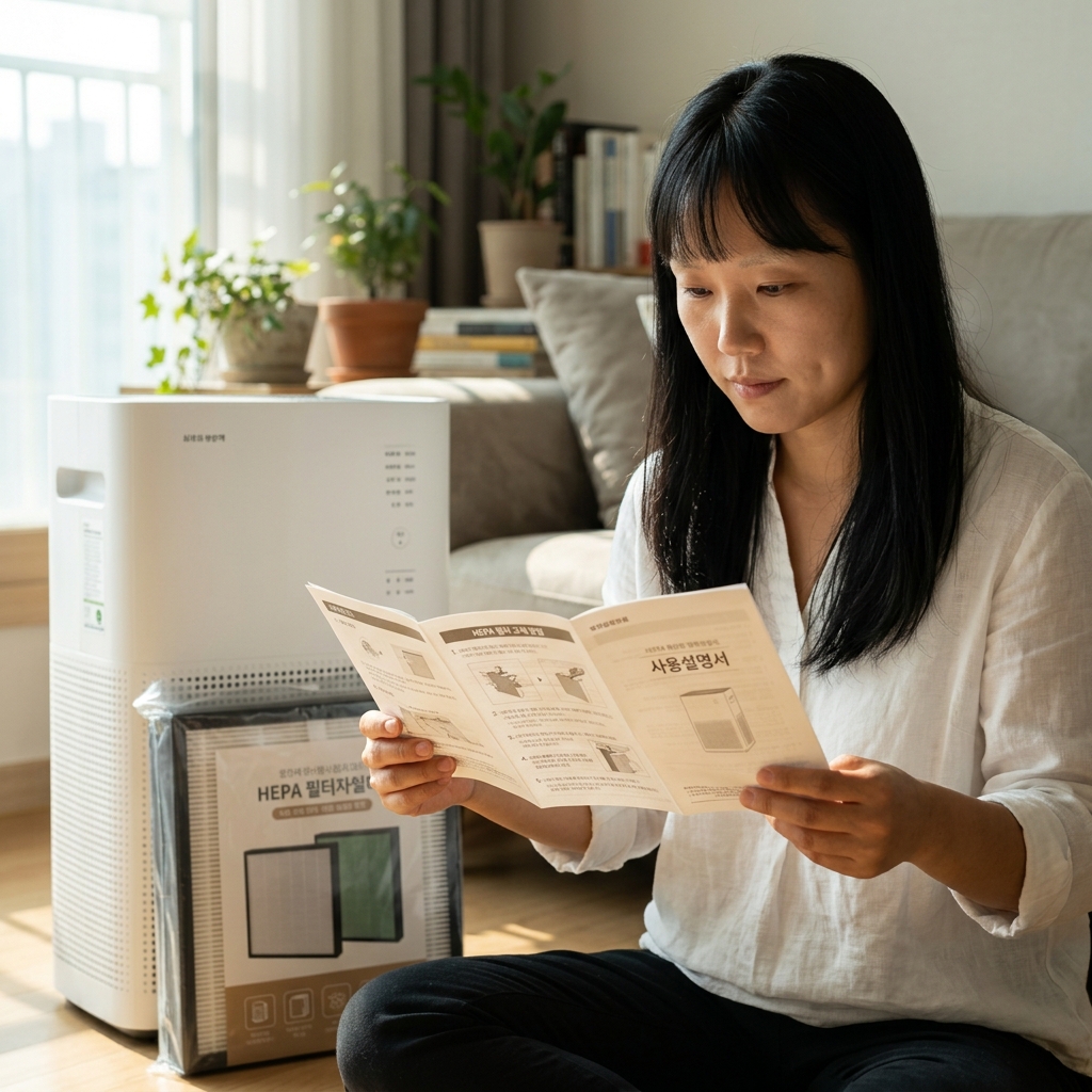 공기청정기 본체 옆에 놓인 새 HEPA 필터 포장과 사용설명서를 펼쳐 확인하는 중장년층의 손