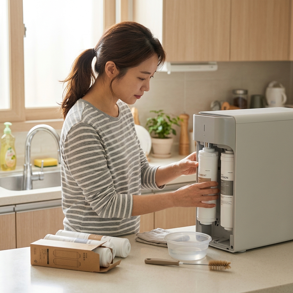 정수기 필터를 교체하며 코크 분리 청소 도구를 함께 준비한 모습, 주방 싱크대 위, 긴 소매 티셔츠
