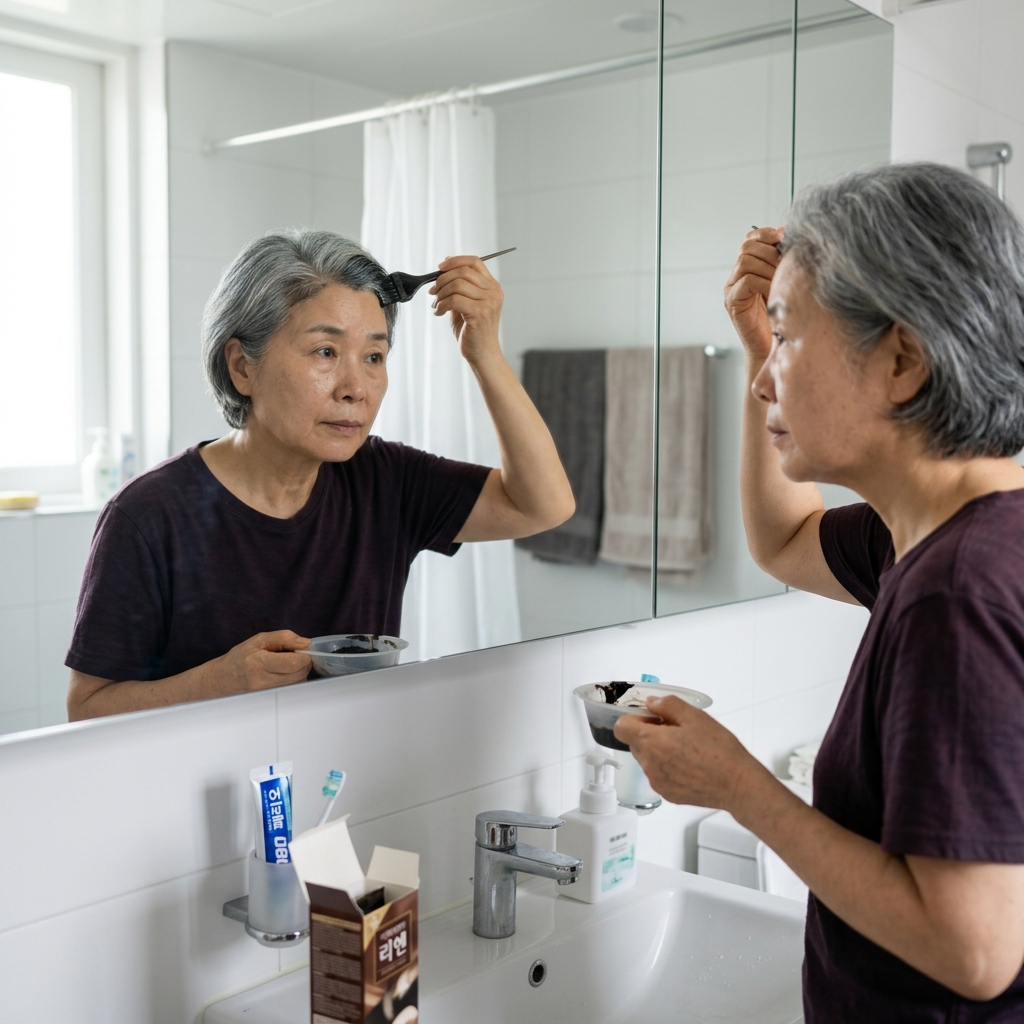 70대 여성이 세면대 앞에서 염색약을 뿌리 부분에만 조심스럽게 바르고 있는 모습, 화장실 거울에 비친 측면 모습, 실내 자연광