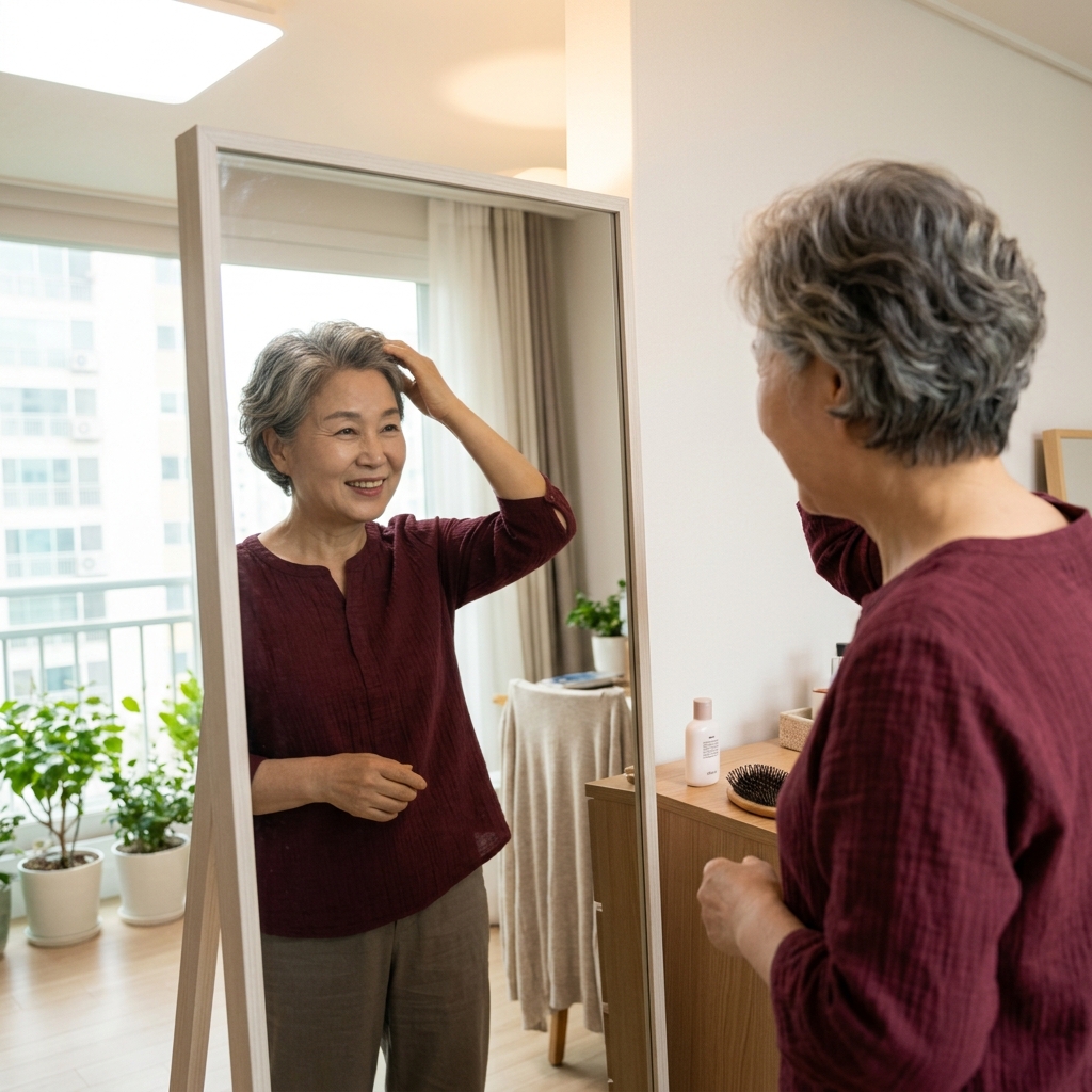 염색 대신 숏컷과 화사한 스카프…흰머리 살려 우아함 더하는 자연 스타일링