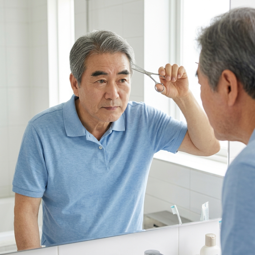 60대 남성이 실내에서 가벼운 반팔 차림으로 거울 앞에 서서 끝이 둥근 작은 가위로 새치를 조심스럽게 자르는 장면