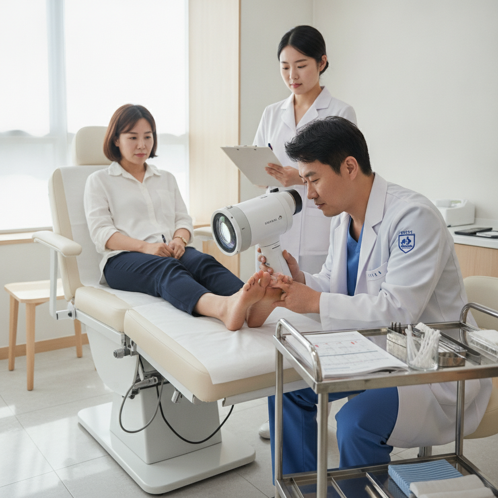 피부과 진료실에서 의료진이 환자의 발톱을 확대경으로 관찰하는 장면, 검사 도구와 기록지가 놓인 진료 환경