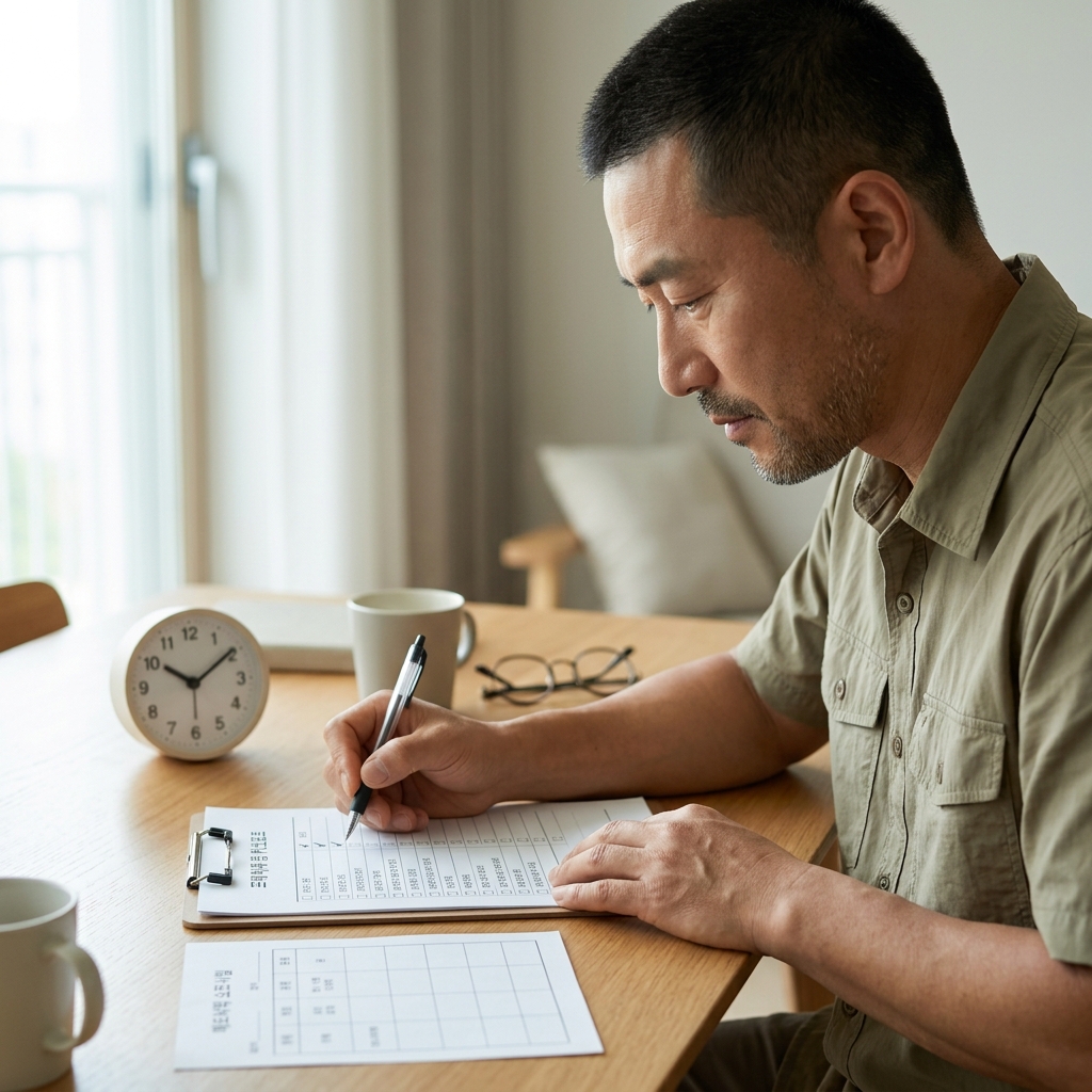 수술 전 금식 시계와 약물 복용 일정표를 확인하며 체크리스트를 작성하는 중년 환자의 손