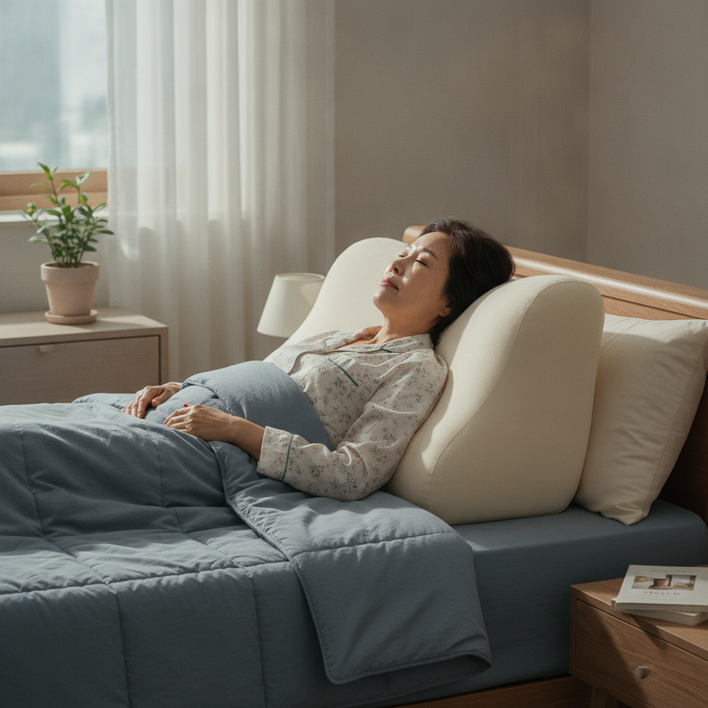 침대에 누운 60대 여성이 경사 베개로 상체를 올린 상태로 얼굴을 천장으로 향하고 있고, 양옆에 쿠션이 세워져 있는 장면