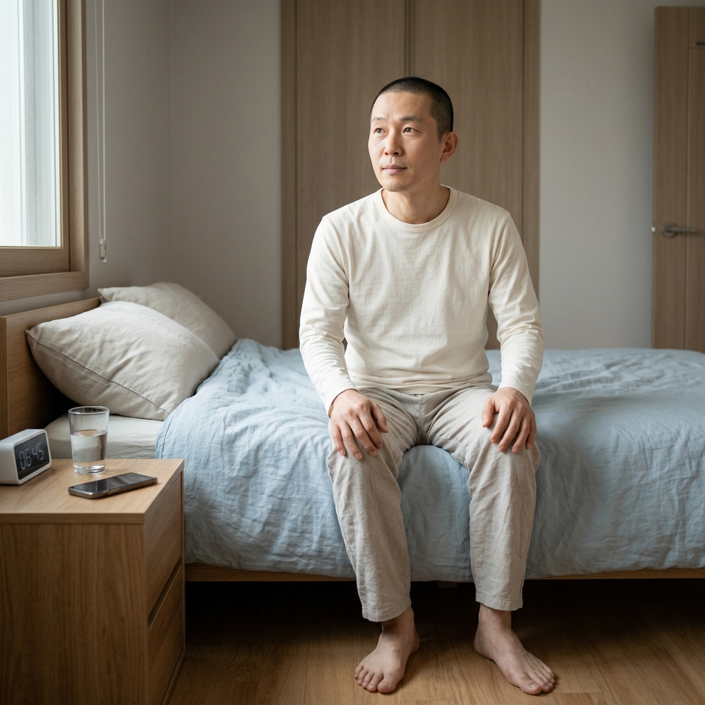 침대 가장자리에 앉아 천천히 다리를 내리며 심호흡하는 20대 초반 남성의 아침 기상 장면