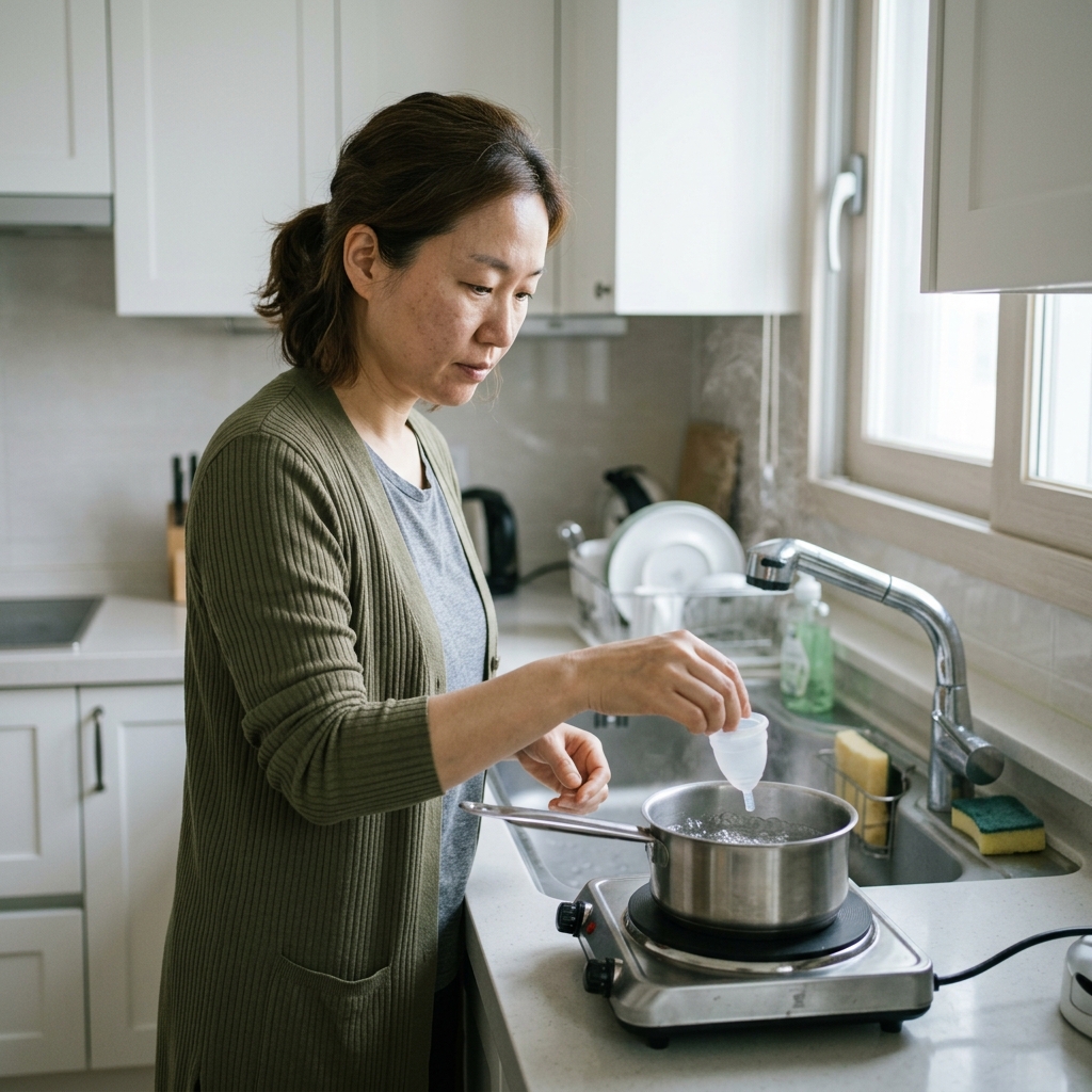 40대 여성이 주방 싱크대에서 투명한 생리컵을 냄비에 넣어 끓는 물에 소독하는 장면, 긴 소매 가디건
