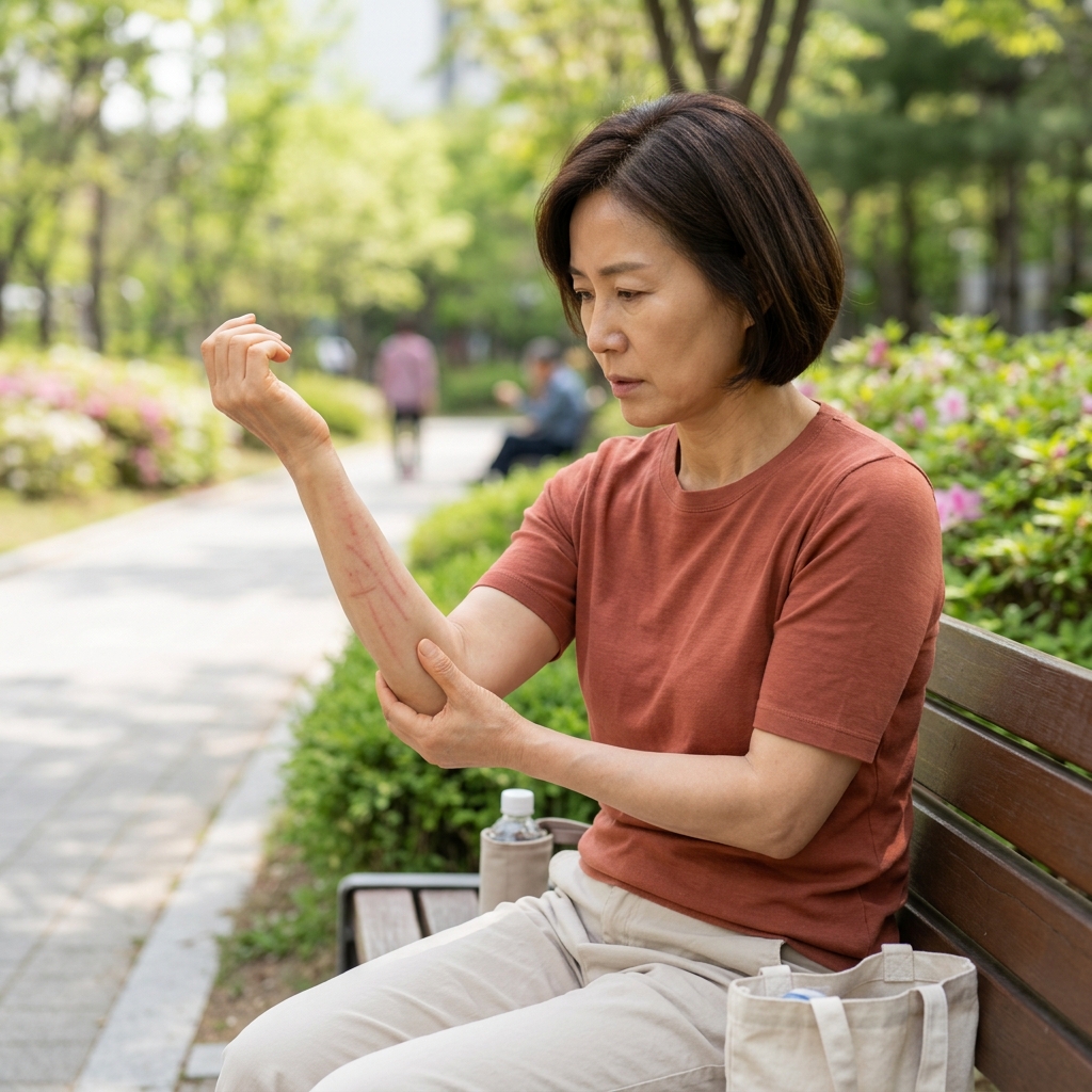 팔 긁었을 뿐인데 글씨처럼 자국이…피부묘기증일까?