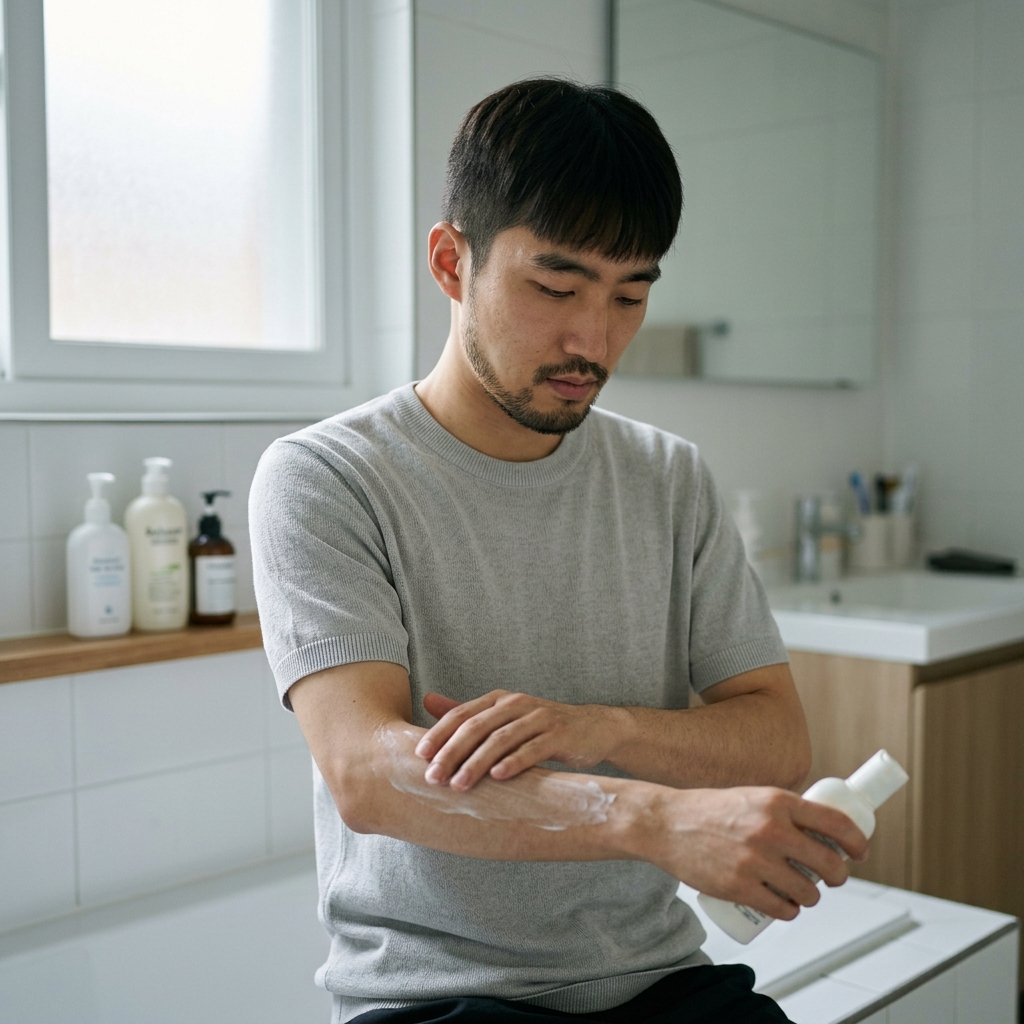 보습제를 팔에 바르며 피부 건조함을 관리하는 모습