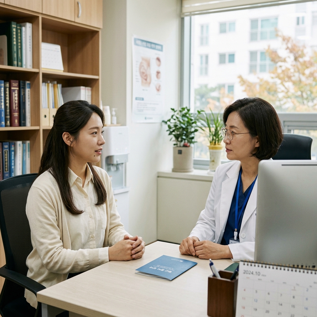 30대 여성이 산부인과 진료실에서 의료진과 마주 앉아 임신 준비 상담을 받는 장면