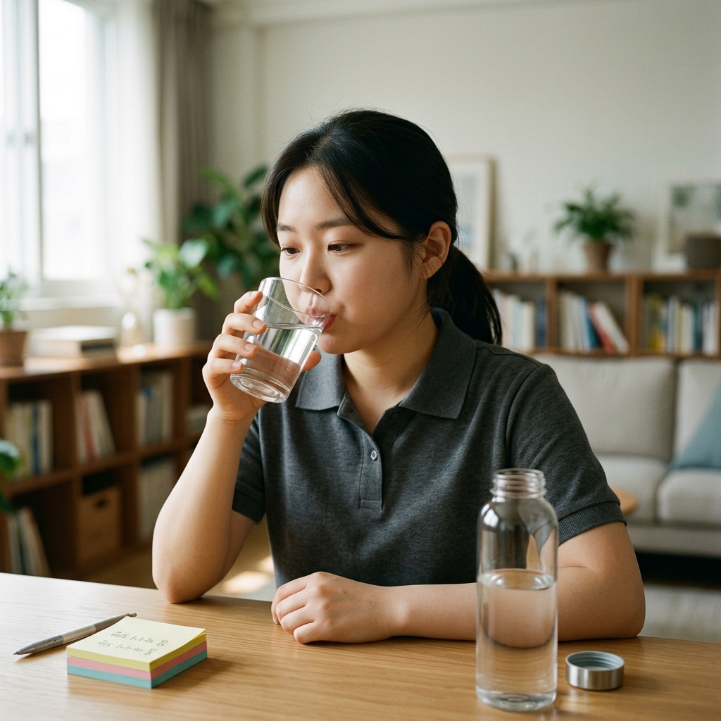 물을 마시며 입안을 헹구는 모습, 책상 위 물병과 메모지
