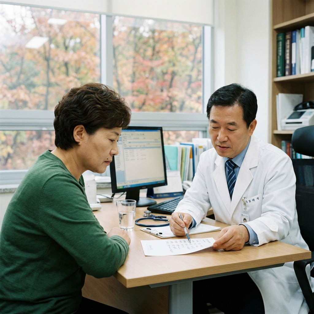 중년 여성이 병원 진료실에서 의사와 마주 앉아 복용 약 목록이 적힌 종이를 함께 보고 있는 장면, 책상 위에 물컵과 처방전이 놓여 있고 창밖으로 가을 나뭇잎이 보이는 실내