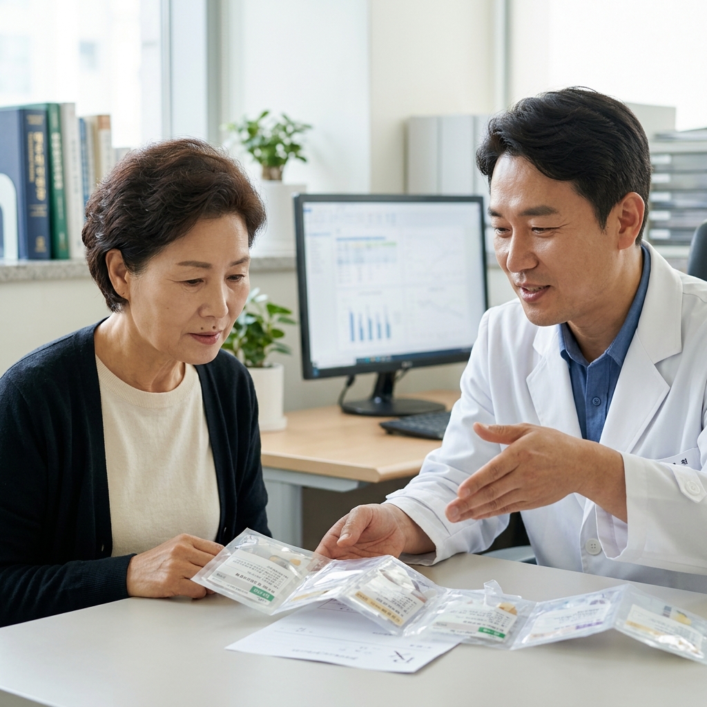 70대 노인이 병원 진료실 책상 앞에서 의사와 함께 앉아 복용 중인 약 포장을 펼쳐놓고 설명을 듣고 있는 모습