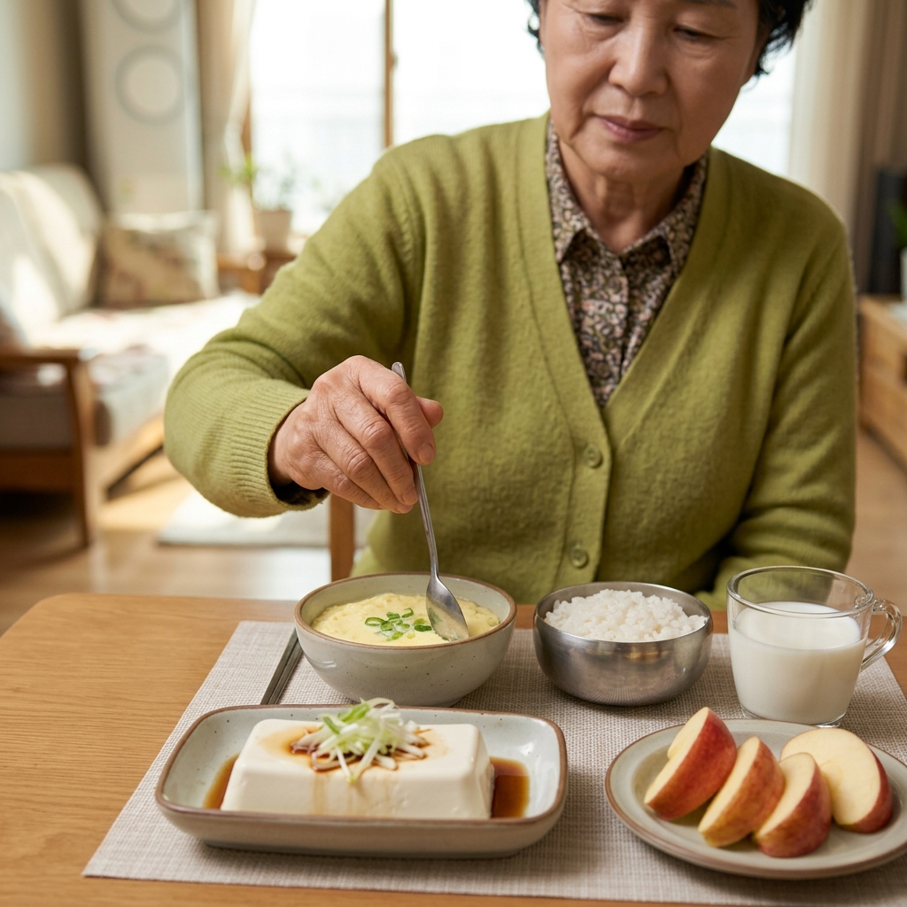 식탁 위에 작은 그릇에 담긴 달걀찜, 연두부 한 접시, 작은 밥공기, 우유 한 컵, 잘게 썬 사과 조각이 정갈하게 놓인 모습, 70대 여성의 손이 숟가락을 들고 있는 장면, 따뜻한 실내 조명