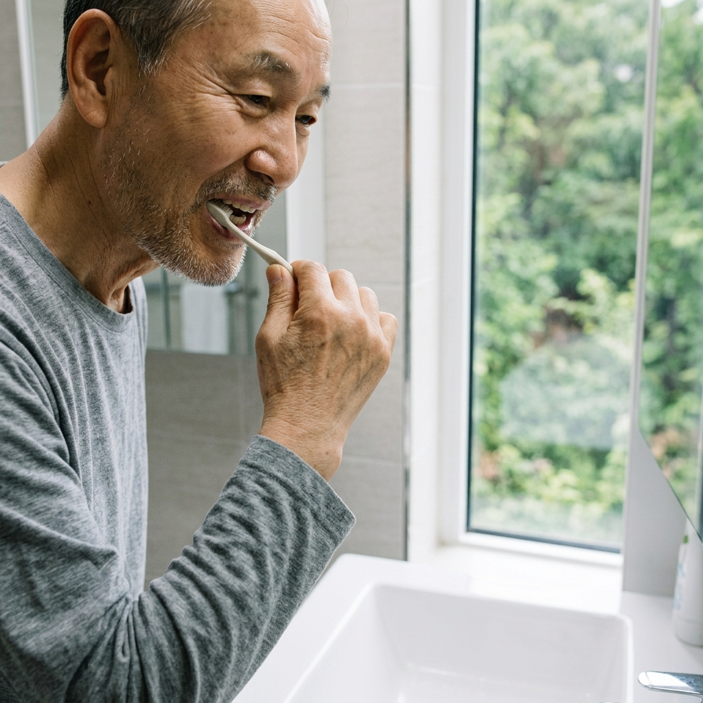 부드러운 칫솔로 입안을 닦는 80대 어르신의 손, 세면대 앞, 긴소매 실내복, 창밖으로 보이는 초록 식생