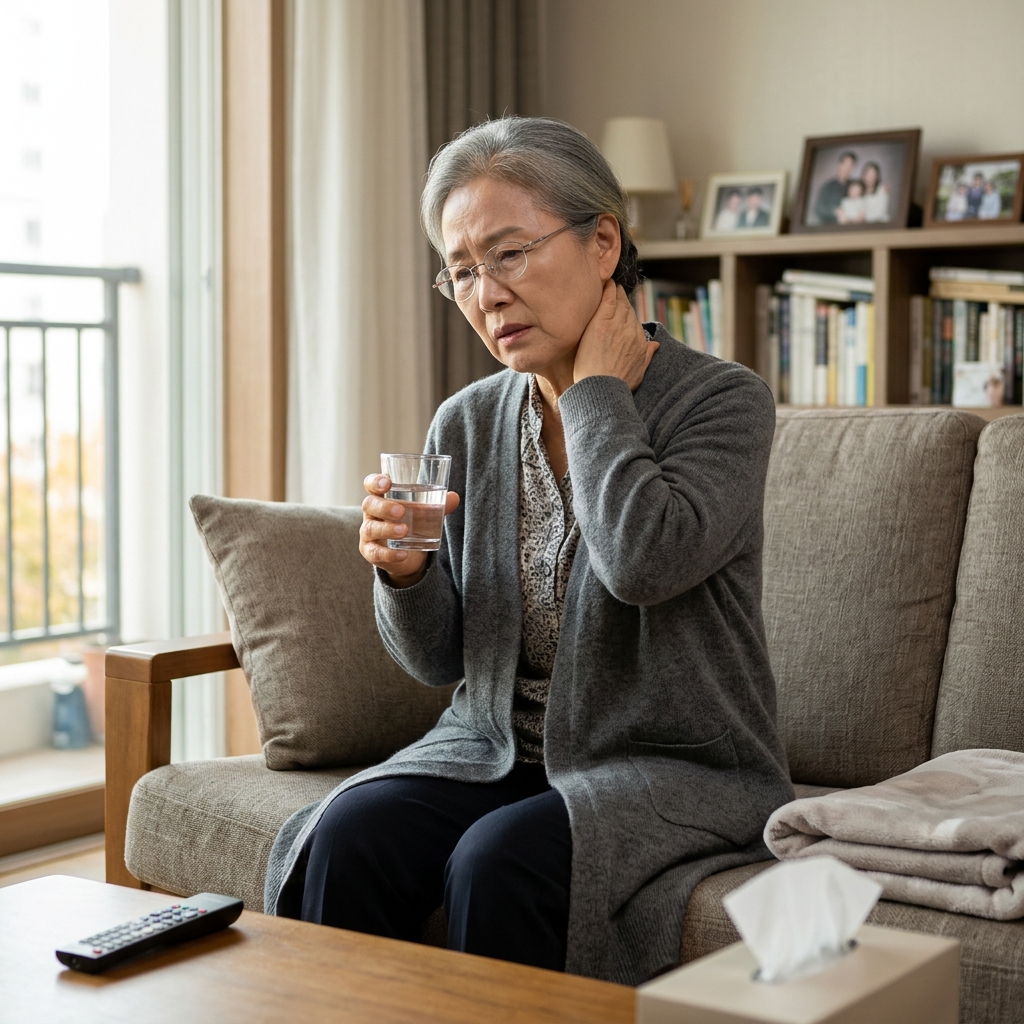 70대 여성이 거실 소파에 앉아 물컵을 들고 목 부위를 만지며 불편한 표情, 긴 카디건 착용, 실내 조명